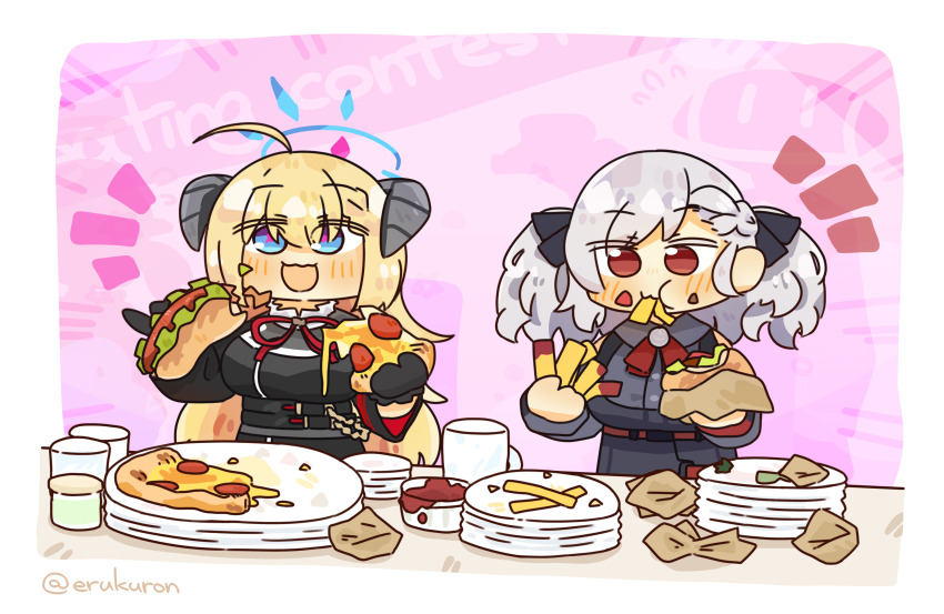 2girls ahoge akari_(blue_archive) black_gloves black_shirt blonde_hair blue_archive blue_eyes blue_halo braid breasts burger commission cross-shaped_pupils crossover detached_sleeves eating food food_in_mouth food_on_face food_wrapper french_fries girls&#039;_frontline gloves grey_hair hair_ribbon halo highres holding holding_burger holding_food holding_pizza horns hot_dog ketchup large_breasts lcron long_hair long_sleeves multiple_girls neck_ribbon open_mouth pizza pizza_slice plate red_eyes red_ribbon ribbon shirt skeb_commission sleeveless sleeveless_shirt spas-12_(girls&#039;_frontline) symbol-shaped_pupils trait_connection twintails twitter_username