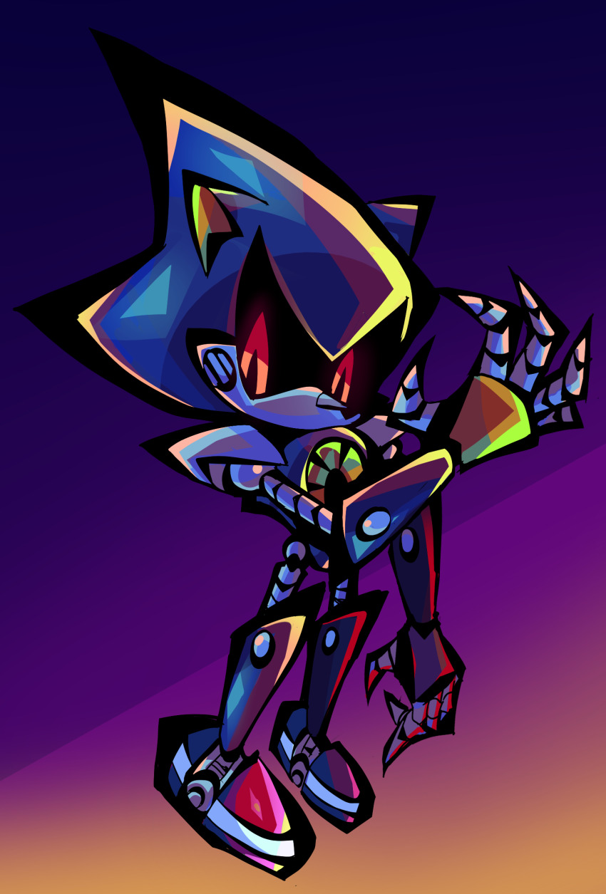 1boy animal_ears animal_nose armor black_sclera blue_armor colored_sclera full_body giganide glowing glowing_eyes gradient_background highres humanoid_robot joints looking_at_viewer male_focus metal_sonic no_mouth pointy_nose red_eyes red_shoes robot robot_joints shoes solo sonic_(series)