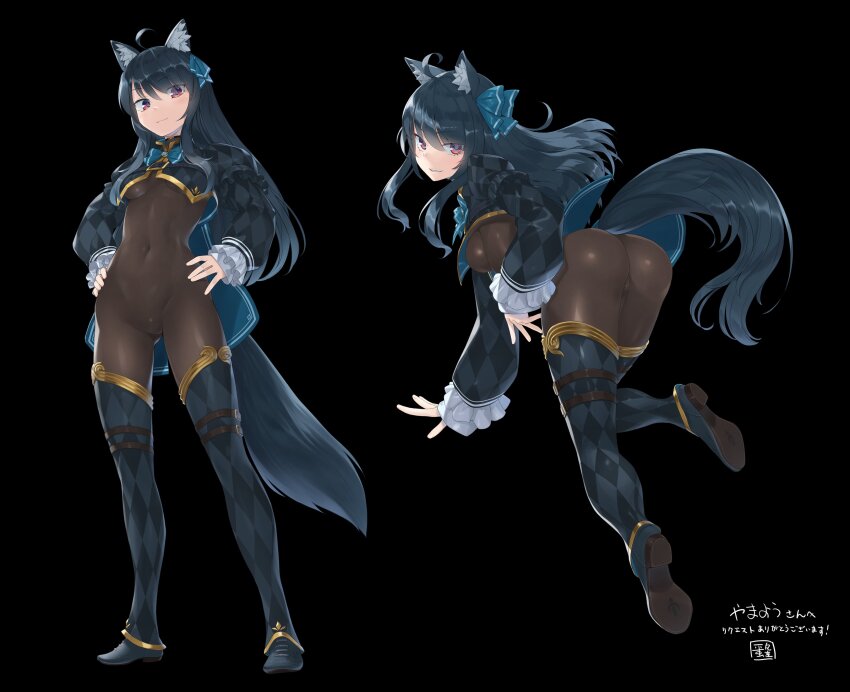 1girl absurdres ahoge animal_ear_fluff animal_ears argyle_clothes argyle_shirt ass black_hair black_shrug blush bodystocking breasts chest_belt closed_mouth commentary_request commission commissioner_name covered_navel detached_pants full_body gold_trim hair_ribbon hands_on_own_hips heibonkaeru highres long_hair long_sleeves looking_at_viewer looking_back multiple_views red_eyes ribbon second-party_source see-through_bodystocking shrug_(clothing) signature simple_background skeb_commission small_breasts standing svartlilja_(vrchat) tail thank_you vrchat wolf_ears wolf_girl wolf_tail