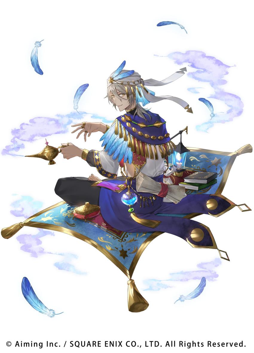 1boy absurdres airm arabian_clothes bag barefoot black_pants blue_capelet blue_feathers book box candle capelet chain copyright_notice dark-skinned_male dark_skin feathers from_behind full_body gestalt_odin glass_container glint gold_chain gold_trim grey_hair hair_between_eyes hat_feather highres holding_lamp jewelry key charm_(object) lantern looking_at_viewer looking_back lotus_position magic_carpet medium_hair official_art oil_lamp pants ring scroll sitting smile smoke solo sparkle tassel turban unworn_jewelry waist_cutout white_background yellow_eyes