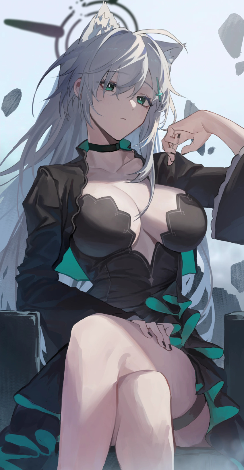 1girl absurdres animal_ears black_choker black_dress black_nails blue_archive breasts chinese_commentary choker cleavage closed_mouth collarbone commentary_request cross_hair_ornament crossed_legs dark_halo dress expressionless extra_ears feet_out_of_frame green_eyes grey_hair hair_ornament halo hand_up highres long_hair long_sleeves looking_at_viewer medium_breasts monky shiroko_(blue_archive) shiroko_terror_(blue_archive) sitting solo thigh_strap very_long_hair wolf_ears wolf_girl