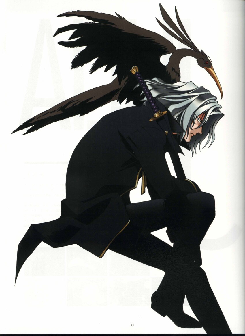 1boy absurdres animal animal_on_shoulder bird bird_on_shoulder coat cowboy_bebop grey_hair highres katana male_focus official_art scan simple_background solo sword vicious_(cowboy_bebop) weapon