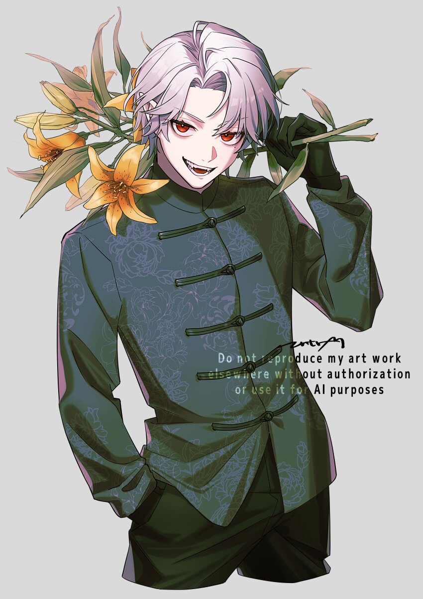 1boy absurdres black_gloves black_pants black_shirt chinese_clothes collared_shirt fangs flower gloves grey_background hand_in_pocket highres holding holding_flower kuzuha_(nijisanji) looking_at_viewer matsugi_zuntaro mole mole_under_eye nijisanji open_mouth pants parted_bangs red_eyes shirt simple_background smile virtual_youtuber white_background