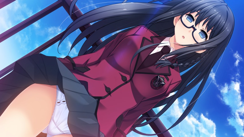 1girl :o black-framed_eyewear black_hair blazer blonde_hair blue_eyes day dutch_angle empty_eyes game_cg glasses ingyaku_no_gakuen jacket long_hair long_sleeves nakai_yuri necktie outdoors panties pantyshot semi-rimless_eyewear skirt under-rim_eyewear underwear upskirt white_panties