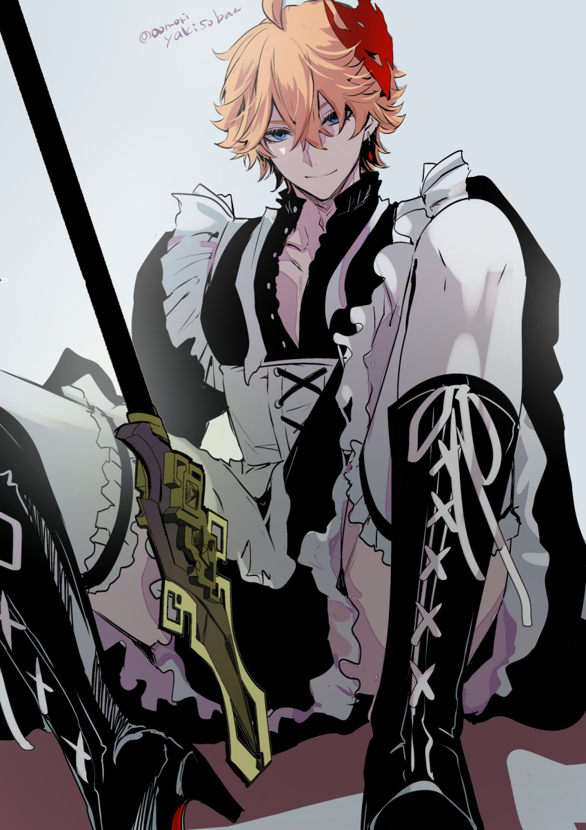 1boy ahoge alternate_costume apron artist_name black_boots black_dress blue_eyes boots closed_mouth commentary_request crossdressing crossed_bangs dress earrings enmaided floating_earring frilled_apron frilled_dress frilled_thighhighs frills genshin_impact hair_between_eyes high_heel_boots high_heels highres jewelry knees_up lace-up_boots long_sleeves looking_at_viewer maid male_focus mask mask_on_head mori_morii orange_hair planted planted_spear polearm red_mask shadow short_hair simple_background single_earring sitting smile solo spear tartaglia_(genshin_impact) thighhighs twitter_username vortex_vanquisher_(genshin_impact) weapon white_apron white_background white_thighhighs