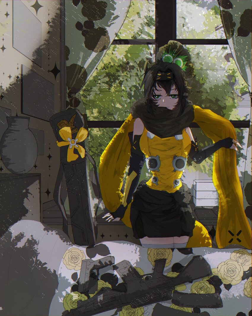 1girl arm_support black_scarf breasts cocked_eyebrow colored_tips curtains day duel_monster elbow_gloves fingerless_gloves floral_print forehead_protector gloves green_eyes gun hair_between_eyes highres kunai large_breasts looking_at_viewer multicolored_hair rifle s-force_rappa_chiyomaru s:p_little_knight scarf sidelocks smug thighs torso tree uragawai vase weapon window yu-gi-oh! yu-gi-oh!_master_duel