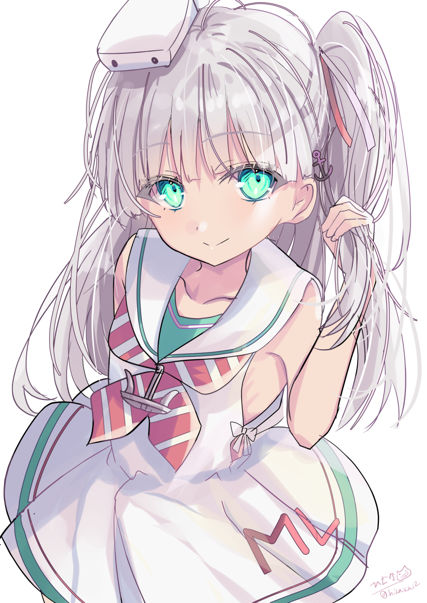 1girl absurdres anchor_hair_ornament anchor_necklace blush cowboy_shot dress green_eyes grey_hair hair_ornament hair_ribbon highres hizaka jewelry kantai_collection long_hair looking_at_viewer low-cut_armhole maestrale_(kancolle) neckerchief necklace one-piece_tan one_side_up ribbon sailor_dress side-tie_dress sleeveless sleeveless_dress smile solo striped_neckerchief tan tanline white_background white_dress white_ribbon