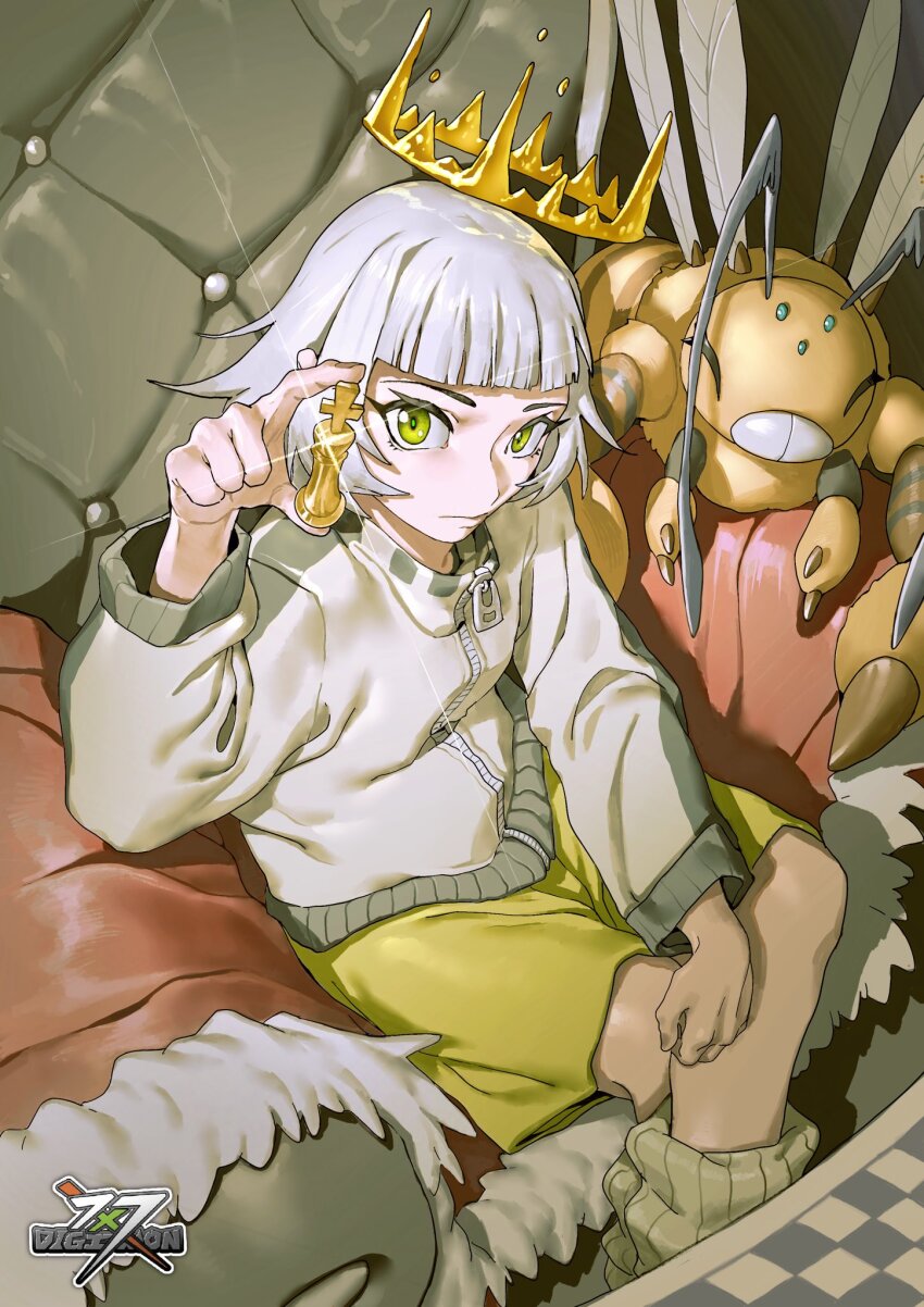 bee bug chess_piece closed_eyes digimon digimon_(creature) funbeemon green_eyes highres holding holding_chess_piece insect ribbed_socks socks