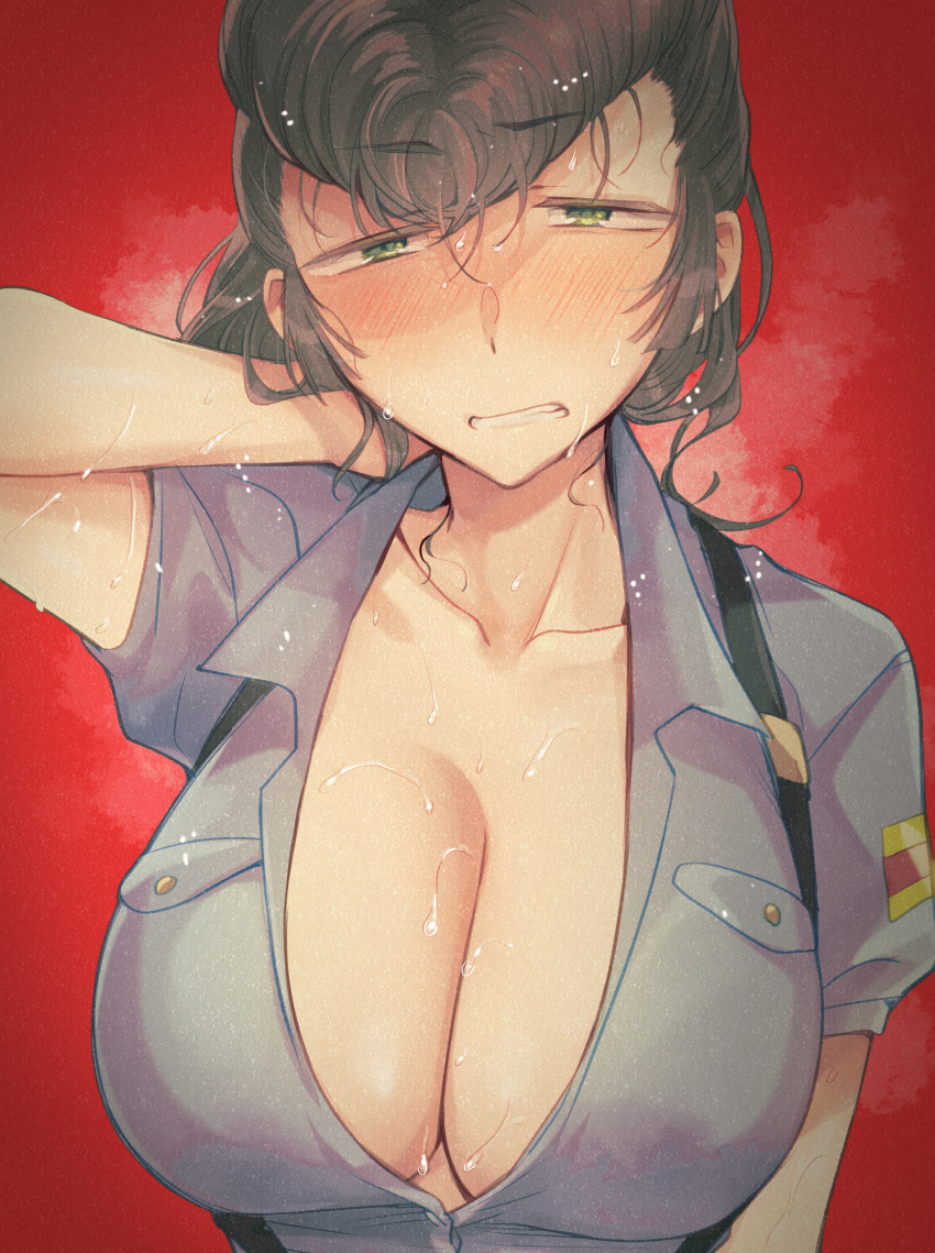 1girl absurdres alternate_costume aoshidan_school_uniform arm_behind_head blue_shirt breasts brown_hair cleavage collared_shirt commentary frown girls_und_panzer green_eyes grimace half-closed_eyes highres koyama_harutarou large_breasts long_hair looking_at_viewer partially_unbuttoned pompadour red_background school_uniform shirt short_sleeves solo spanish_flag steam suspenders sweat yuri_(girls_und_panzer)