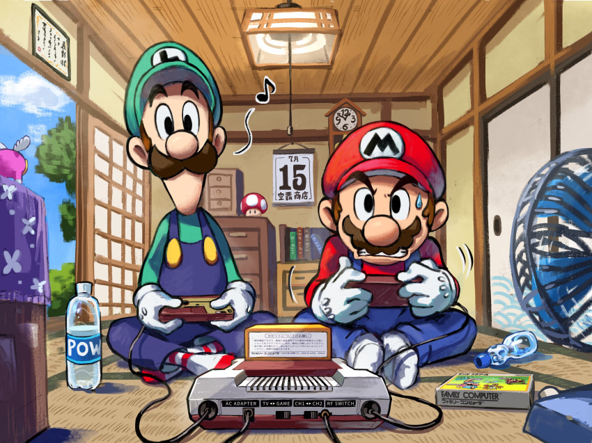 bedroom bottle box calendar cartridge clock controller door drink_bottle facial_hair famicom frustrated game_console game_controller hand_fan hat highres japanese_room luigi mario mario_&amp;_luigi:_brothership mario_&amp;_luigi_rpg mario_(series) mario_bros. mustache nintendo overalls playing playing_games relaxing shirt sitting snoutlet_(mario) socks striped_clothes striped_socks super_mushroom ya_mari_6363