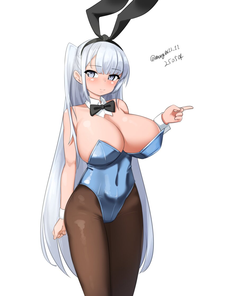 1girl absurdres animal_ears black_pantyhose blue_bow blue_bowtie blue_leotard blush bow bowtie breasts covered_navel cowboy_shot dated detached_collar fake_animal_ears fuyutsuki_(kancolle) grey_eyes grey_hair highres kantai_collection large_breasts leotard long_hair looking_at_viewer maru_(marg0613) one_side_up pantyhose playboy_bunny rabbit_ears rabbit_tail solo strapless strapless_leotard tail traditional_bowtie twitter_username
