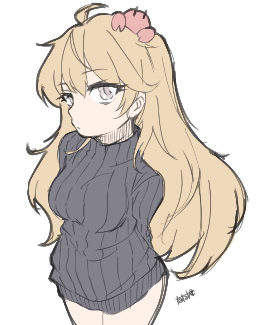 1girl alternate_costume alternate_hair_length alternate_hairstyle animal animal_on_head black_dress black_sweater brown_hair cowboy_shot crab crab_on_head dress grey_eyes highres kantai_collection long_hair oboro_(kancolle) on_head ribbed_sweater simple_background solo sweater sweater_dress tatahai white_background