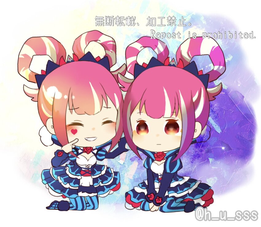 2girls aqua_pantyhose cross-laced_clothes cross-laced_dress dress facial_mark fire_emblem fire_emblem_engage folded_twintails fur_wrist_cuffs h_u_sss hair_flaps hair_rings heart heart_facial_mark highres hortensia_(fire_emblem) multicolored_tiara multiple_girls nintendo pantyhose pink_eyes pink_hair striped_clothes striped_dress two-tone_pantyhose wrist_cuffs