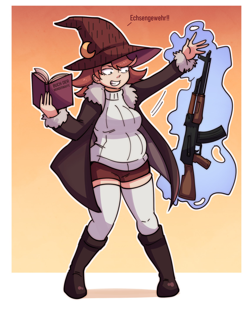 1girl absurdres ak-47 assault_rifle book boots breasts casting_spell coat commission commissioner_upload east_germany german_text gun hat highres holding holding_book kalashnikov_rifle kneehighs medium_breasts miniskirt original plump red_hair rifle skirt socks solo spell sweater tomboy trench_coat weapon wizard wizard_hat