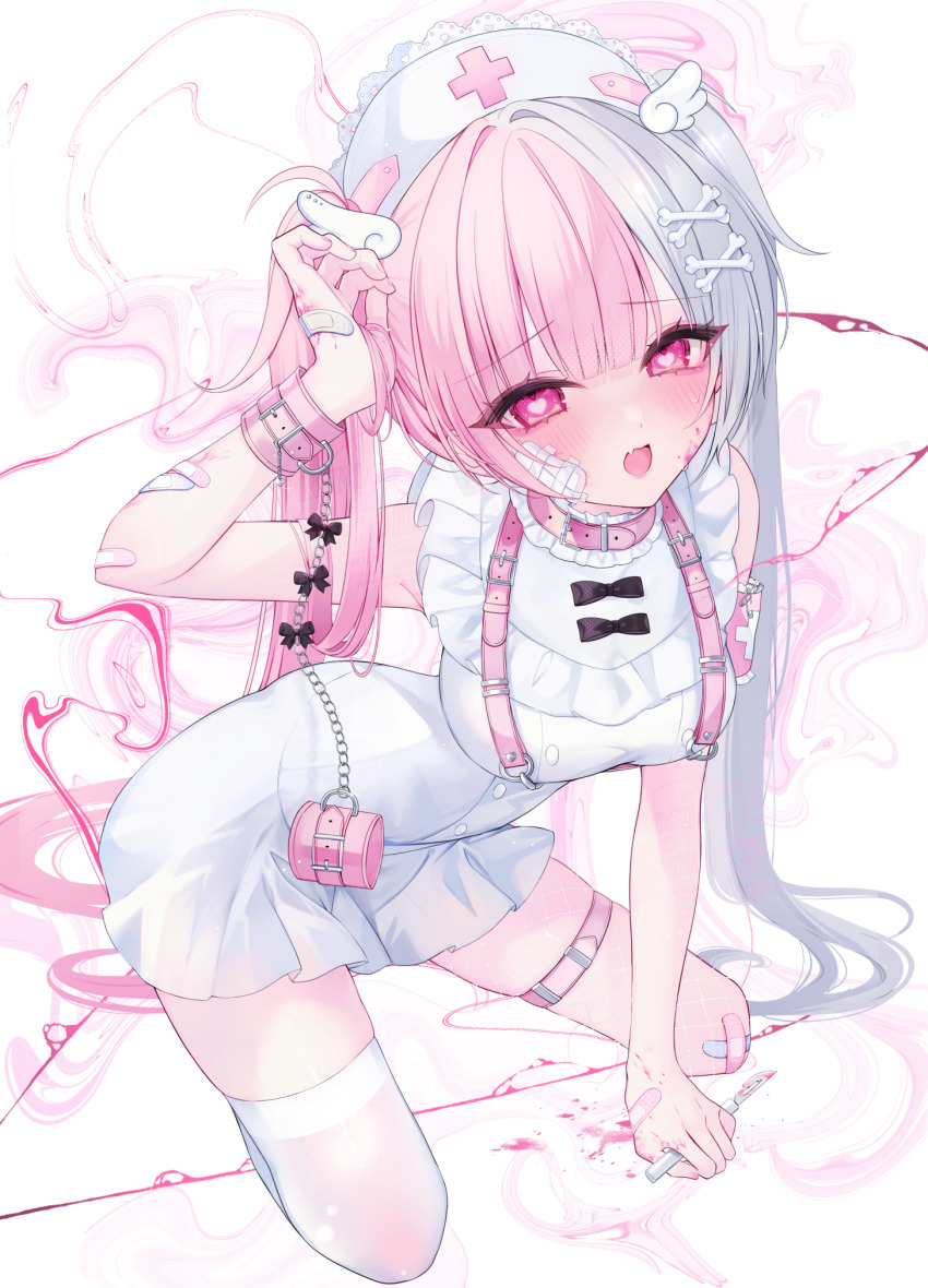 1girl :o bandaid bandaid_on_arm bandaid_on_hand bandaid_on_knee bandaid_on_leg belt belt_collar bibi-chan_(x_127x) black_bow blood blue_hair blush bone_hair_ornament bow breasts chest_harness collar commentary_request cross crossed_bandaids cuffs dress dried_blood fang gauze gauze_on_cheek hair_ornament hand_in_own_hair hand_up handcuff_dangle handcuffs harness hat heart heart-shaped_pupils highres holding_scalpel kneeling large_breasts long_hair looking_at_viewer multicolored_hair nurse nurse_cap o-ring o-ring_harness open_mouth original pink_bandaid pink_eyes pink_hair single_thighhigh skin_fang sleeveless sleeveless_dress solo split-color_hair sweat symbol-shaped_pupils thigh_belt thigh_strap thighhighs twintails very_long_hair white_dress white_hat white_thighhighs wing_hair_ornament wrist_belt