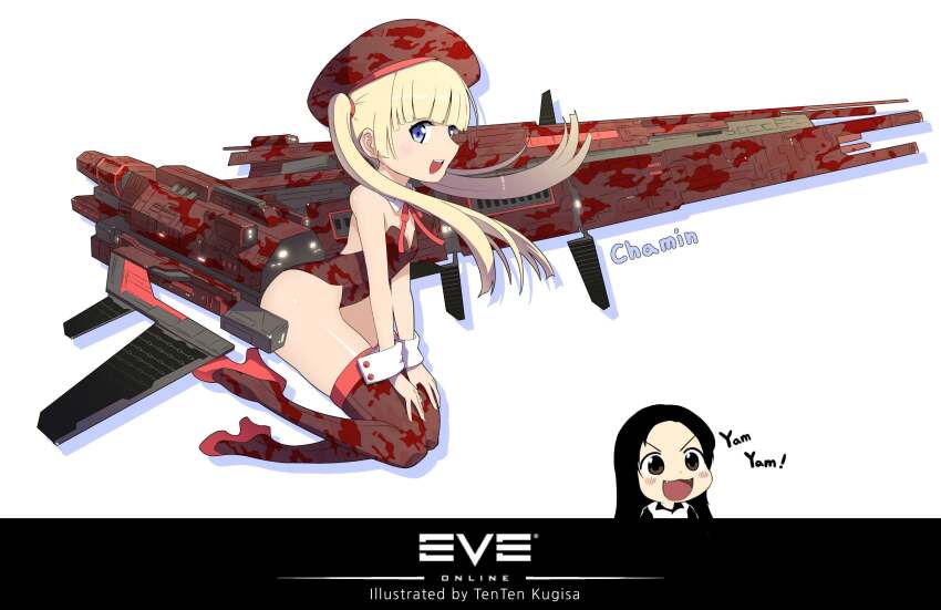 2girls :d advanced_ship_(eve_online) artist_name bare_hips bare_shoulders battlecruiser_(eve_online) beret black_hair blonde_hair blue_eyes blunt_bangs combat_ship_(eve_online) command_ship_(eve_online) copyright_logo copyright_name english_text eve_online fangs from_side full_body grey_eyes hat high_heels highres hurricane_(eve_online) leotard logo long_hair looking_at_viewer mecha_musume minmatar_republic_(eve_online) multiple_girls open_mouth personification pink_shoes red_hair red_leotard red_thighhighs science_fiction second-party_source shoes smile solar_panel support_ship_(eve_online) tech_2_ship_(eve_online) teeth tenten1991 thighhighs twintails upper_teeth_only v-shaped_eyebrows white_background white_wrist_cuffs wrist_cuffs