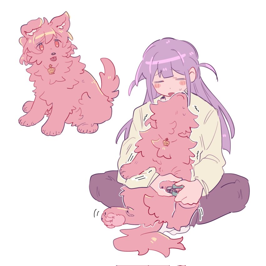 1girl =_= aijou_karen animal animalization black_pants blunt_bangs blunt_ends blush brown_eyes clipping_another&#039;s_nails closed_eyes dog full_body head_back highres holding holding_animal holding_dog indian_style long_hair long_sleeves looking_ahead looking_to_the_side motion_lines multiple_views nail_clippers no_pupils no_shoes open_mouth pants pet_nail_clippers purple_hair raised_eyebrows rei931218 shirt shoujo_kageki_revue_starlight sidelocks simple_background sitting socks sweatdrop tongue tongue_out trembling tsuyuzaki_mahiru two_side_up white_background white_socks yellow_shirt