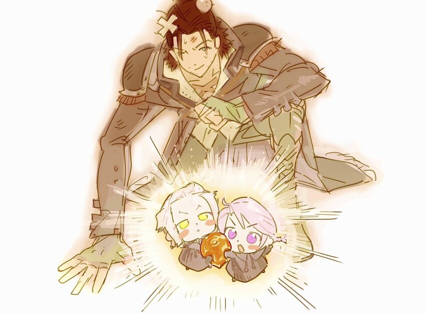 3boys bandaid bandaid_on_head blush_stickers chibi constellation_crystal_(ff14) emet-selch emphasis_lines final_fantasy final_fantasy_xiv head_bump highres hythlodaeus looking_at_viewer male_focus multiple_boys open_mouth pink_hair purple_eyes smile sophist&#039;s_robe_(ff14) viper_(final_fantasy) warrior_of_light_(ff14) zeiiii