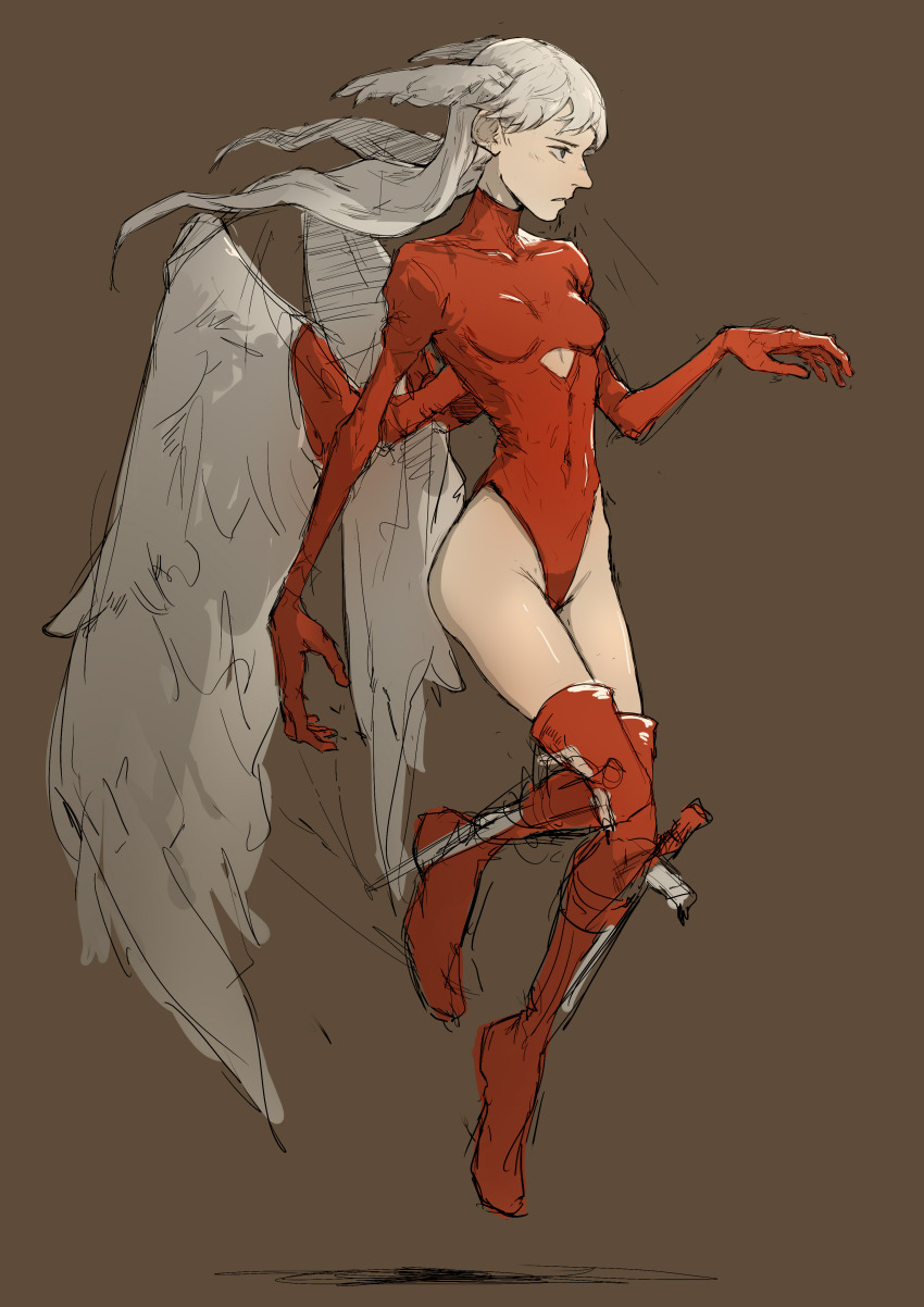 1girl absurdres angel_wings breasts closed_mouth ev1ct feathers final_fantasy final_fantasy_tactics full_body grey_hair head_wings highleg highleg_leotard highres leotard long_hair medium_breasts red_leotard red_thighhighs simple_background solo sword thighhighs ultima_(fft) weapon white_wings wings