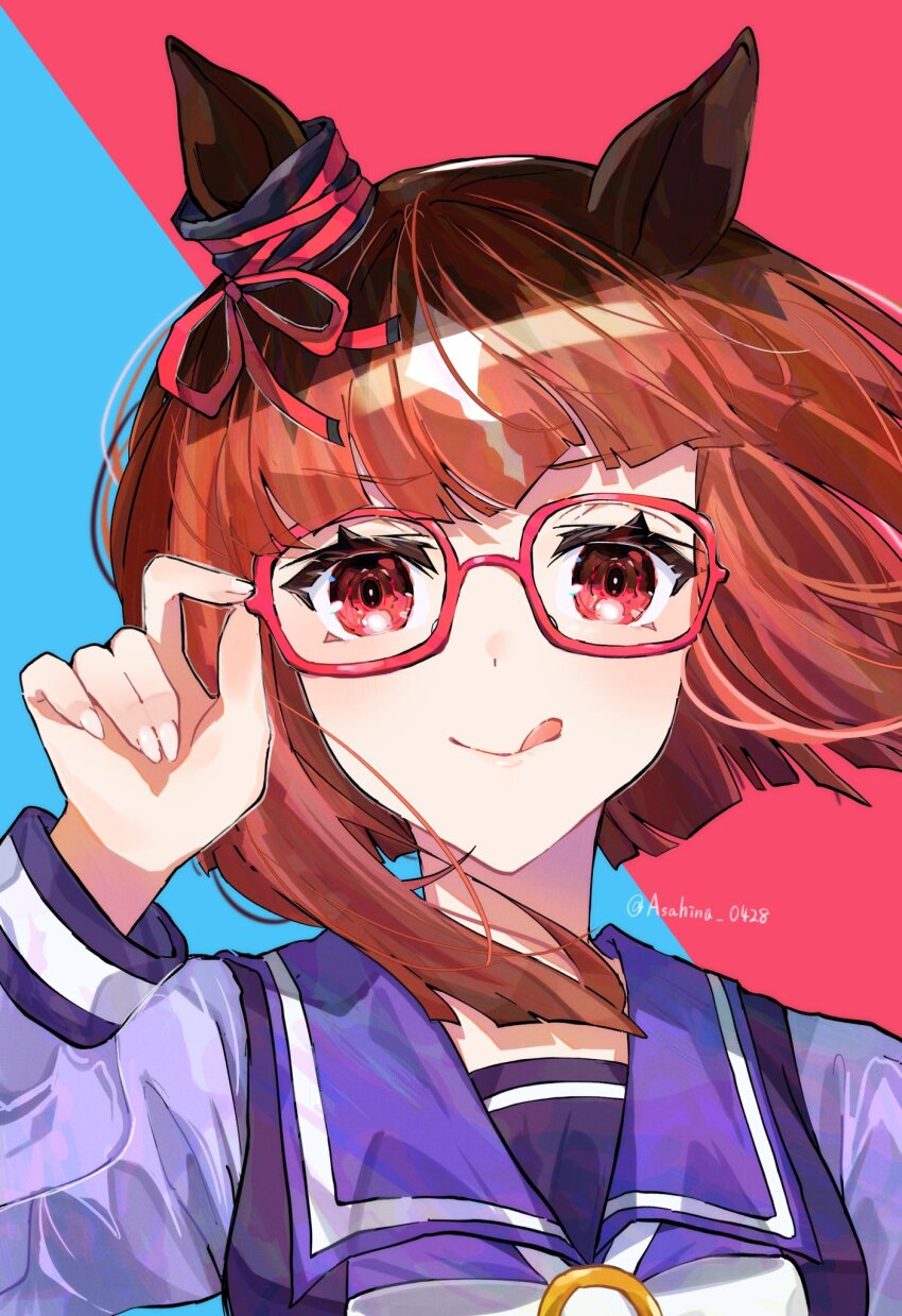 1girl animal_ears asahina_(asahina_0428) blue_background bow bowtie brown_hair ear_ornament eyebrows_hidden_by_hair glasses highres horse_ears horse_girl looking_at_viewer mika_pikazo_(style) multicolored_hair purple_shirt red-framed_eyewear red_background red_eyes sailor_collar sailor_shirt school_uniform shirt short_hair simple_background smile solo tongue tongue_out tracen_school_uniform transcend_(umamusume) twitter_username umamusume white_hair