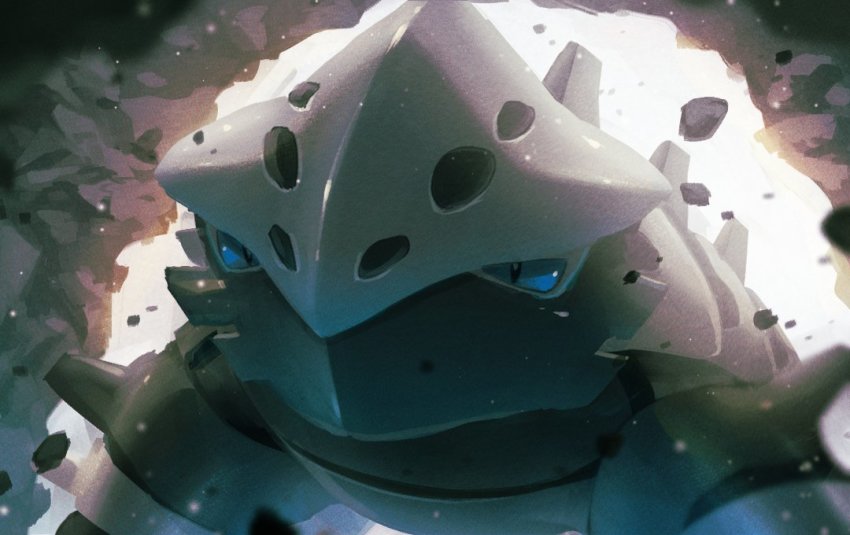 8686island black_eyes blue_sclera blurry bright_pupils closed_mouth colored_sclera commentary_request film_grain from_below gen_3_pokemon lairon looking_at_viewer nintendo no_humans pokemon pokemon_(creature) rock solo standing white_pupils