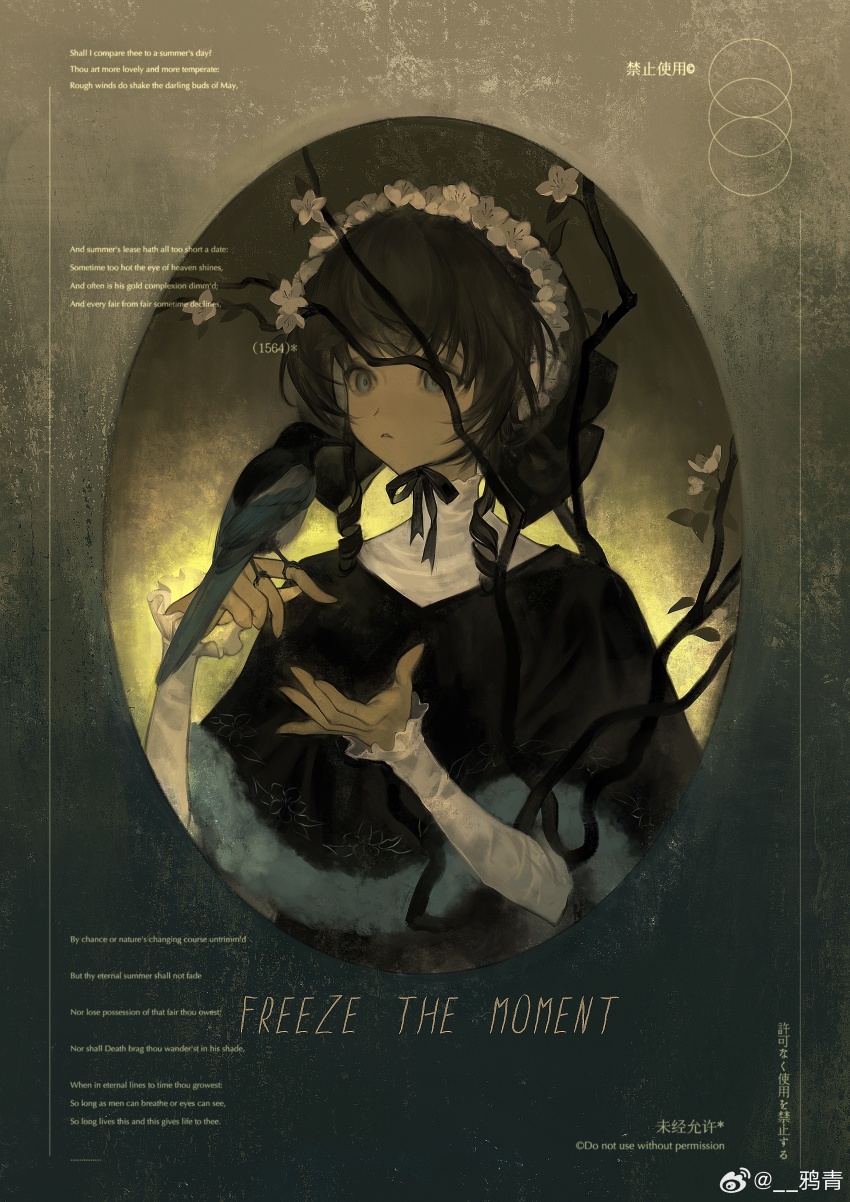 absurdres bird bird_on_hand black_capelet black_ribbon blue_eyes border braid brown_hair capelet commentary commission expressionless eyelashes flower flower_hairband fur-trimmed_capelet fur_trim gradient_background grey_background hair_over_shoulder highres long_hair long_sleeves looking_ahead magpie neck_ribbon original parted_lips ribbon round_border sample_watermark shirt sleeves_past_wrists symbol-only_commentary turtleneck turtleneck_shirt twin_braids watermark weibo_watermark white_flower white_shirt yaqing