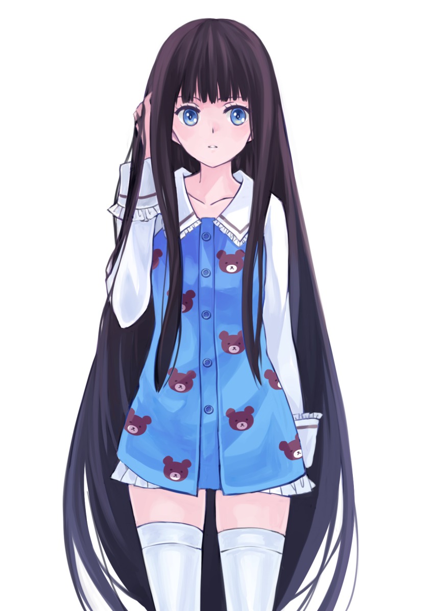 1girl black_hair blue_eyes chio_kitsune female_focus highres kami-sama_no_memo-chou long_hair shionji_yuuko solo standing stuffed_animal stuffed_toy teddy_bear thighhighs very_long_hair