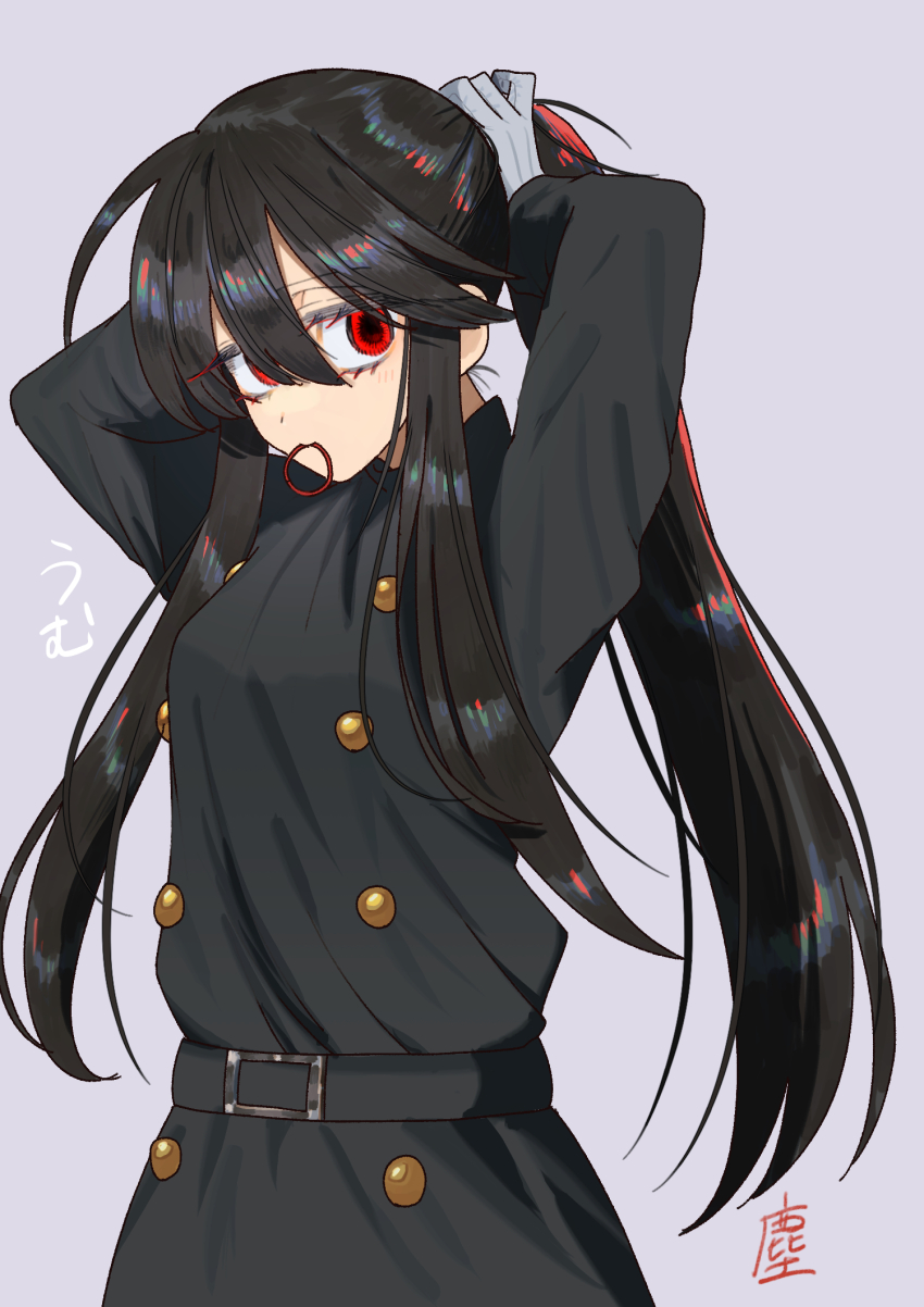 1girl adjusting_hair arms_behind_head arms_up belt black_belt black_hair black_shirt blush closed_mouth fate/grand_order fate_(series) gloves hair_between_eyes hair_tie hair_tie_in_mouth highres kmot_ybsg long_hair long_sleeves looking_at_viewer military_uniform mouth_hold oda_nobunaga_(fate) oda_nobunaga_(koha-ace) ponytail red_eyes shirt signature simple_background solo tying_hair upper_body white_gloves