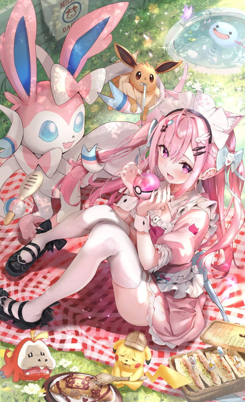 1girl absurdres animal_ear_fluff animal_ears apron aqua_bow back_bow baseball_cap black_shoes blush bow braid breasts cat_ears cat_girl chest_bow cleavage commentary_request creatures_(company) detective_pikachu_(character) dress eevee food frilled_apron frilled_dress frills from_above fuecoco game_freak gen_1_pokemon gen_2_pokemon gen_6_pokemon hair_bow hair_ornament hat highres holding holding_poke_ball indie_virtual_youtuber long_hair looking_at_viewer maid maid_apron maid_headdress mary_janes mugiusagi nintendo omelet omurice open_mouth picnic picnic_basket picnic_blanket pikachu pink_dress pink_eyes pink_hair poke_ball pokemon puffy_short_sleeves puffy_sleeves sandwich shoes short_sleeves sitting solo spoon sylveon thighhighs thighs two_side_up virtual_youtuber white_apron white_thighhighs wooper wrinkled_frown_(detective_pikachu) wrist_cuffs yuuki_sakuna