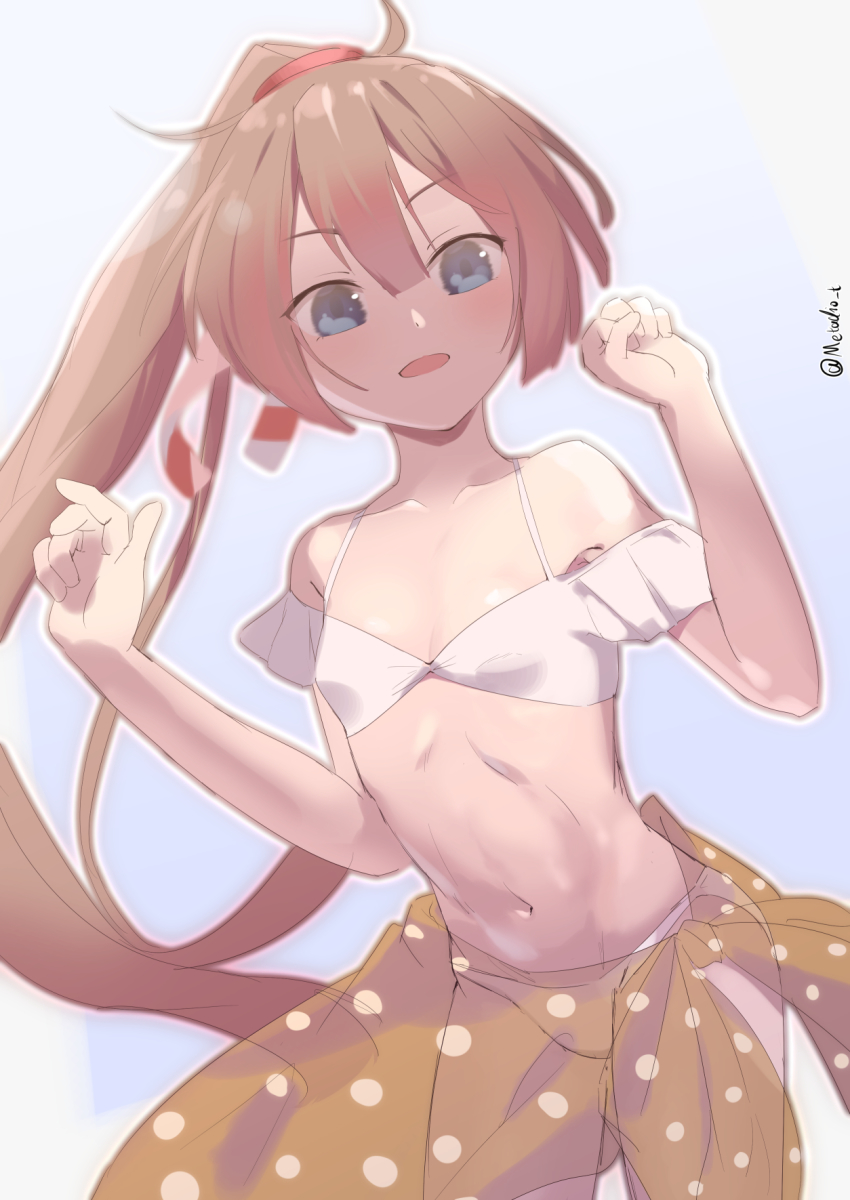 1girl bikini breasts brown_hair commentary_request cowboy_shot grey_eyes hair_ribbon highres kantai_collection kazagumo_(kancolle) kazagumo_kai_ni_(kancolle) kazagumo_kai_ni_(swimsuit)_(kancolle) long_hair metadio orange_sarong polka_dot polka_dot_sarong ponytail ribbon sarong see-through_clothes see-through_sarong small_breasts solo swimsuit white_bikini