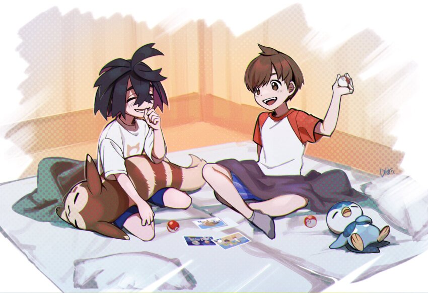 2boys black_hair blanket blush brown_eyes brown_hair closed_eyes crossed_bangs florian_(pokemon) furret gen_2_pokemon gen_4_pokemon highres holding holding_poke_ball ieiieiiei indoors kieran_(pokemon) male_focus multicolored_hair multiple_boys nintendo open_mouth photo_(object) pillow piplup poke_ball poke_ball_(basic) pokemon pokemon_(creature) pokemon_sv purple_hair shirt short_sleeves shorts signature sitting sleeping white_shirt