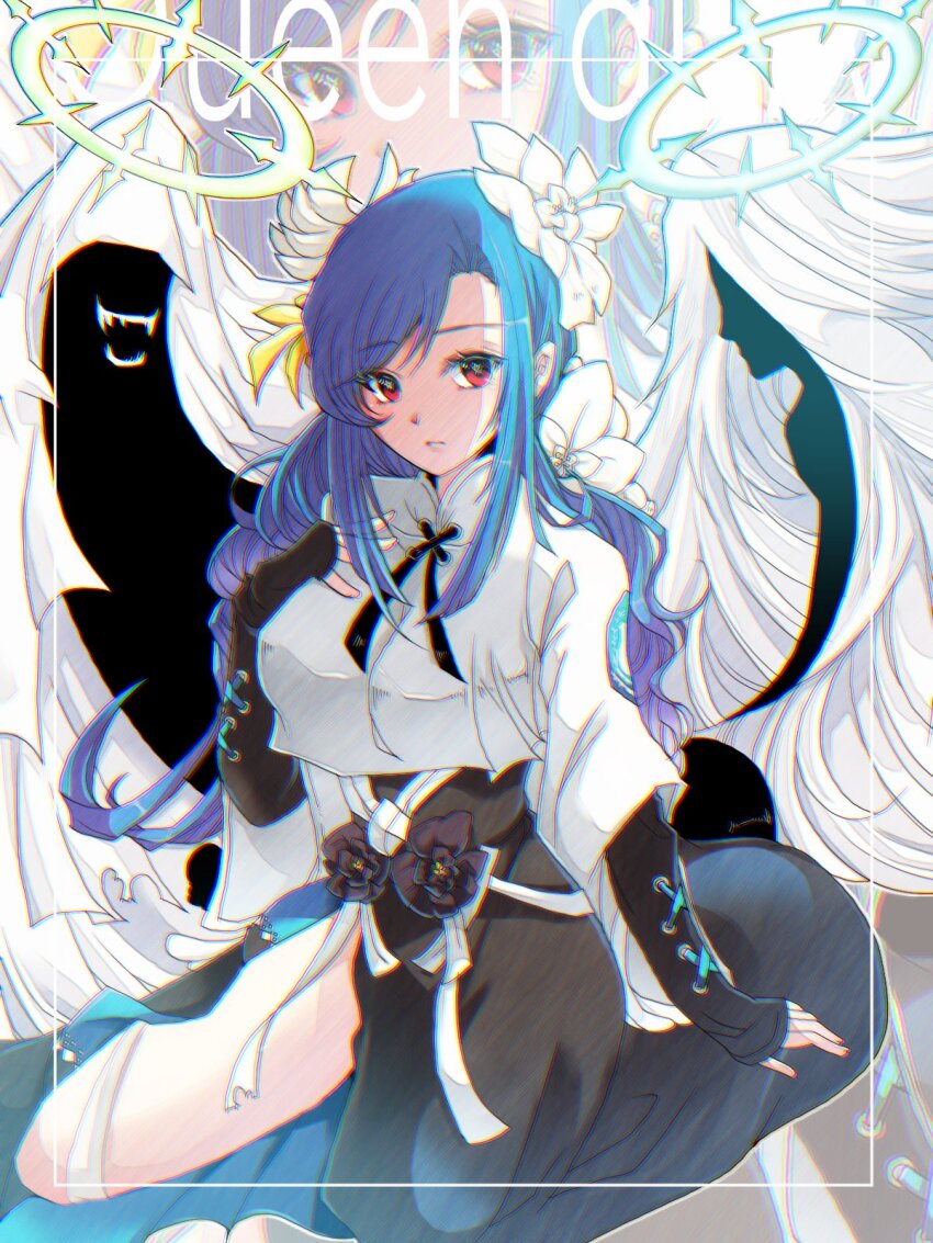 1girl black_flower blue_hair breasts character_name dizzy_(guilty_gear) elbow_gloves english_text fingerless_gloves flower front_slit gloves guilty_gear guilty_gear_strive hair_flower hair_ornament halo hand_on_own_chest highres long_hair long_skirt necro_(guilty_gear) petitxlabo queen_dizzy red_eyes shaded_face sidelocks sitting skirt solo spiked_halo swept_bangs thighs undine_(guilty_gear) wariza white_flower yellow_flower