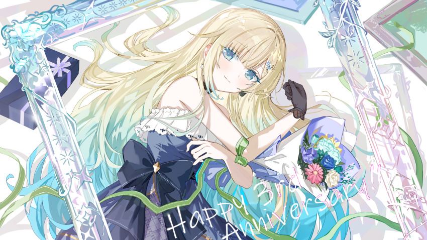 1girl aizawa_ema aizawa_ema_(1st_costume) anniversary aqua_hair black_bow black_choker black_gloves blonde_hair blue_dress blue_eyes blunt_bangs bouquet bow box choker dress earrings flower flower_hairpin gift gift_box gloves gradient_hair green_ribbon hair_ornament hairpin highres holding holding_bouquet jewelry lace lace-trimmed_gloves lace_trim layered_dress long_hair looking_at_viewer mismatched_earrings multicolored_hair on_floor parted_bangs picture_frame ribbon ryoma_(rym_369) single_glove solo upper_body virtual_youtuber vspo!