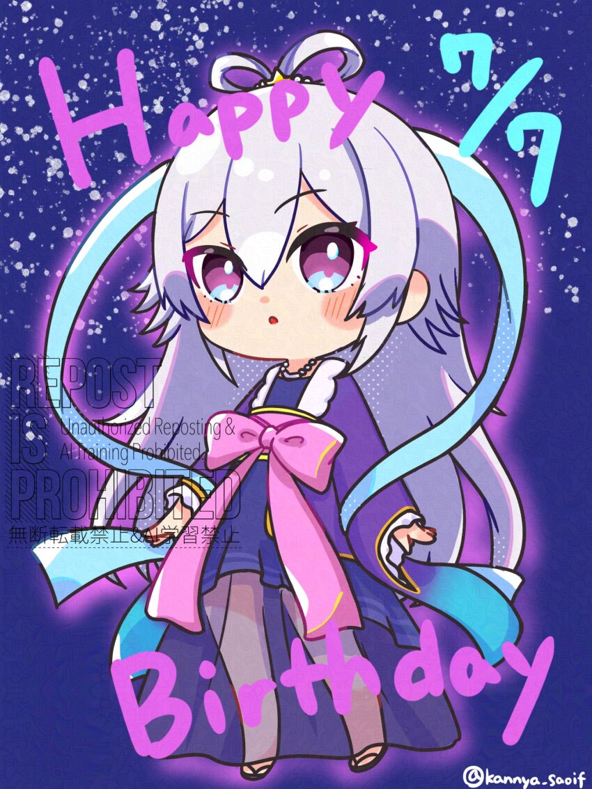 1girl :o chibi chibi_only cosplay dated dorothy_(sao) grey_hair hair_between_eyes happy_birthday highres japanese_clothes kannya_saoif long_sleeves looking_at_viewer open_mouth orihime_(tanabata) orihime_(tanabata)_(cosplay) purple_eyes solo sword_art_online sword_art_online_last_recollection twitter_username