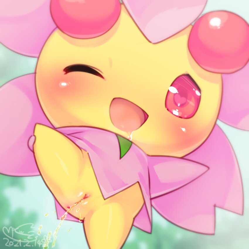 1girl anus blush cherrim clitoris gen_4_pokemon heart heart-shaped_pupils highres leg_grab leg_lift leg_up mizuki_kotora nintendo one_eye_closed open_mouth outdoors pee peeing pokemon pokemon_(creature) pussy saliva solo spread_legs symbol-shaped_pupils uncensored