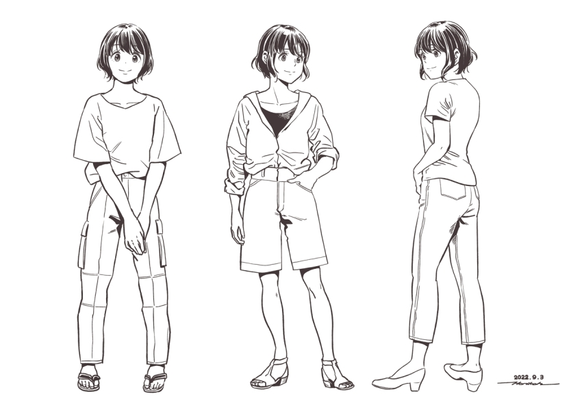 1girl high_heels horikou monochrome pants shima_saki short_hair shorts tagme yurucamp