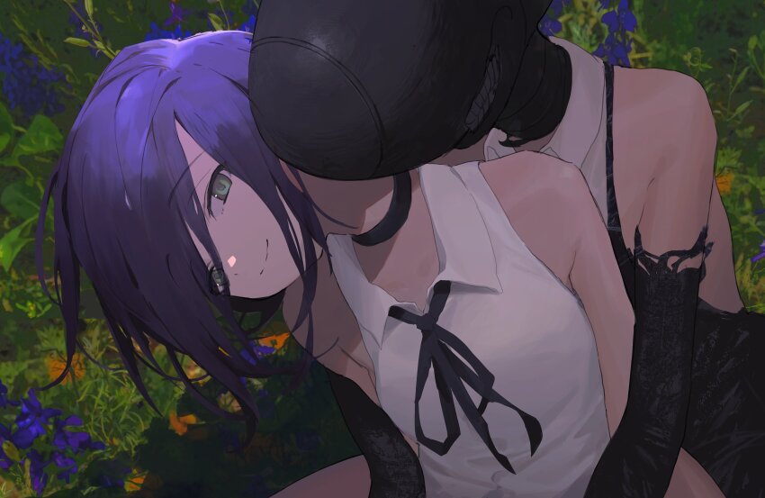 2girls absurdres black_choker black_ribbon bomb_devil_(chainsaw_man) breasts chainsaw_man choker collared_shirt commentary dual_persona es-ther flower grass green_eyes hair_between_eyes highres looking_at_viewer multiple_girls object_head orange_flower purple_hair reze_(chainsaw_man) ribbon shirt sleeveless sleeveless_shirt smile symbol-only_commentary white_shirt