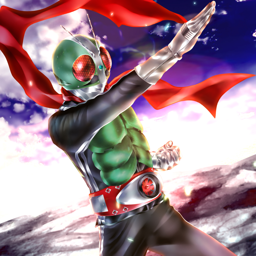 1boy antennae armor belt compound_eyes cowboy_shot gloves green_armor helmet henshin_pose highres kamen_rider kamen_rider_(1st_series) kamen_rider_1 kuzurx male_focus red_eyes red_scarf rider_belt scarf shouwa solo standing tokusatsu