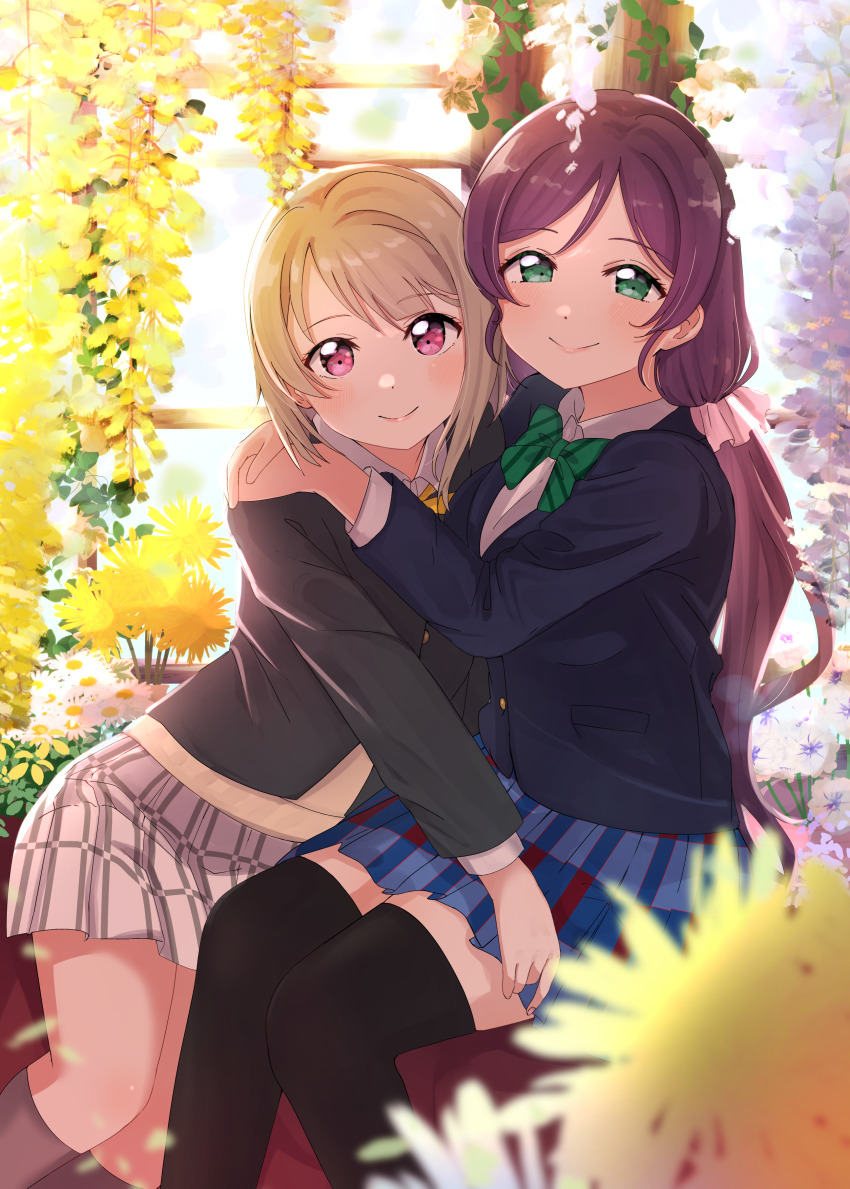2girls absurdres black_jacket black_thighhighs blue_jacket blue_skirt blurry blurry_foreground blush bow bowtie closed_mouth collared_shirt dress_shirt flower green_bow green_bowtie green_eyes grey_socks hands_on_another&#039;s_shoulder highres hug in-franchise_crossover jacket kneehighs light_brown_hair long_hair long_sleeves looking_at_viewer love_live! love_live!_nijigasaki_high_school_idol_club love_live!_school_idol_project low_twintails miniskirt multiple_girls nakasu_kasumi nijigasaki_school_uniform nyako_(utaneko31) otonokizaka_school_uniform plaid_clothes plaid_skirt pleated_skirt purple_hair red_eyes school_uniform shirt short_hair skirt smile socks striped_bow striped_bowtie striped_clothes thighhighs tojo_nozomi twintails very_long_hair white_shirt white_skirt wing_collar yellow_flower zettai_ryouiki