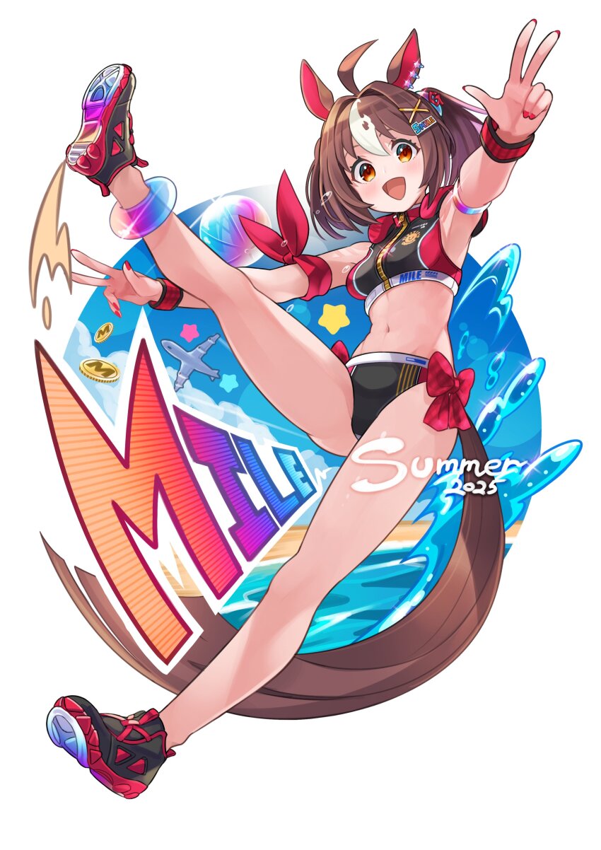 1girl :d absurdres ahoge aircraft airplane alternate_costume animal_ears ball bare_arms bare_legs beachball black_shoes bow brown_hair colored_inner_animal_ears colored_shoe_soles commentary ear_ornament english_text full_body gran_alegria_(umamusume) hair_ornament hairclip highres horse_ears horse_girl horse_tail leg_up light_blush linea_alba looking_at_viewer medium_hair midriff multicolored_shoes navel open_mouth orange_eyes red_bow red_nails red_shoes shoe_soles shoes sidelocks smile sneakers solo splashing swimsuit tail twintails two-tone_shoes umamusume v waist_bow water white_background white_hair wristband yokoji_(kodai2015) zipper