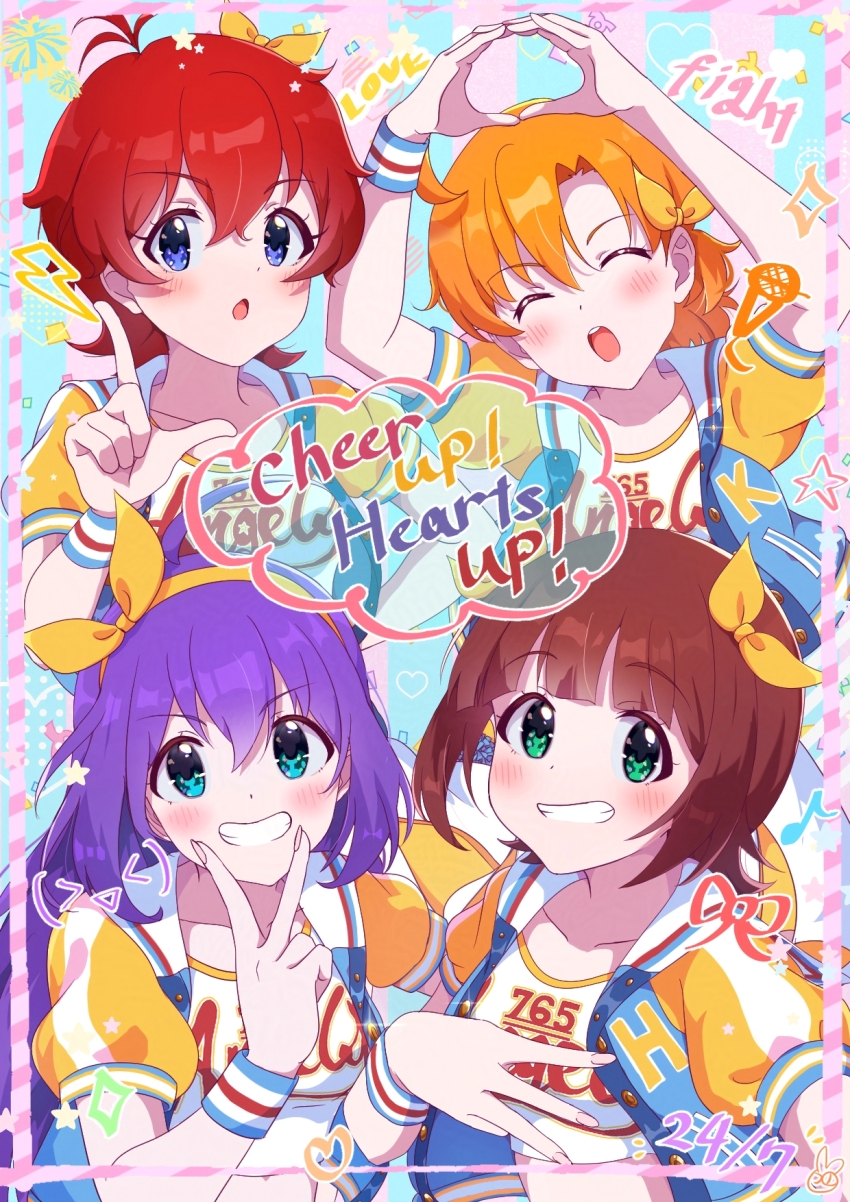 4girls :o ahoge amami_haruka arms_up blue_eyes blush brown_hair circle_hands closed_eyes green_eyes grin hair_ribbon hairband hand_up highres idolmaster idolmaster_million_live! idolmaster_million_live!_theater_days index_finger_raised jacket julia_(idolmaster) long_hair looking_at_viewer mochizuki_anna multiple_girls open_clothes open_jacket open_mouth orange_hair purple_hair red_hair ribbon short_hair short_sleeves smile twwibql2kktg5am v yabuki_kana yellow_hairband yellow_ribbon