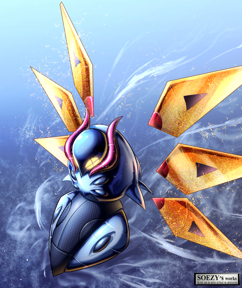 +_+ artist_name commentary_request detached_wings glowing glowing_eyes highres horns iron_moth nintendo no_humans non-humanoid_robot pokemon pokemon_(creature) pokemon_focus robot robot_animal soezy solo watermark wings yellow_eyes