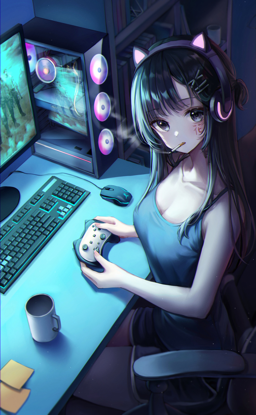 1girl absurdres animal_ear_headphones animal_ears bare_arms bare_shoulders black_hair blue_shirt breasts cat_ear_headphones chair cigarette cleavage collarbone controller cup facial_mark fake_animal_ears from_above hair_ornament hairclip headphones highres in_mouth indoors computer_keyboard large_breasts long_hair looking_at_viewer looking_up monitor computer_mouse original shirt shorts sitting smoke smoking solo starlime video_game