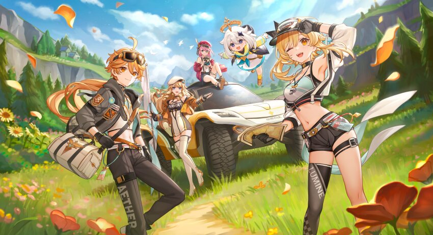 1boy 4girls ;d absurdres aether_(genshin_impact) ahoge armpits black_shorts blonde_hair blue_eyes breasts character_name charlotte_(genshin_impact) cleavage clothes_writing commentary_request crop_top drill_hair duplicate genshin_impact goggles goggles_on_head hair_between_eyes hat highres jewelry long_hair lumine_(genshin_impact) medium_breasts midriff monocle multiple_girls navel navia_(genshin_impact) official_alternate_costume official_alternate_hairstyle official_art one_eye_closed open_mouth paimon_(genshin_impact) pink_hair red_headwear short_hair_with_long_locks shorts sidelocks siya_ho smile stomach thighs very_long_hair yellow_eyes