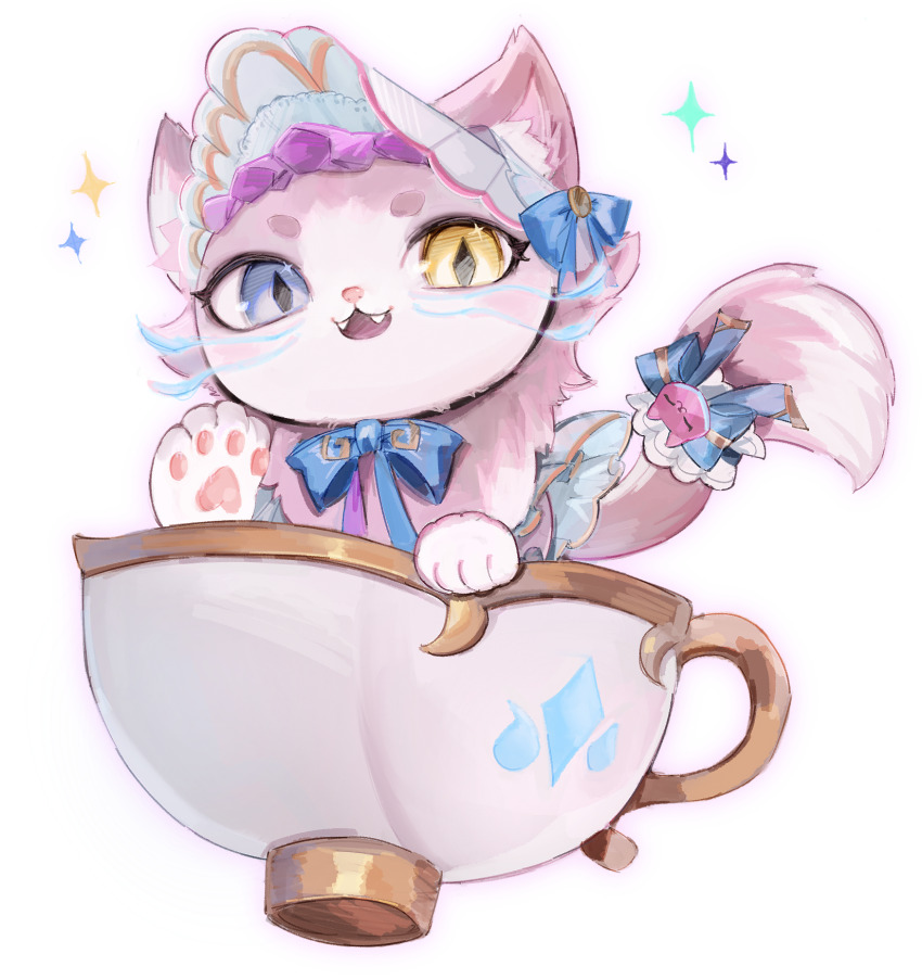 1girl :d blue_eyes bow bowtie cat cup fangs frills green_bow green_bowtie hat heterochromia highres league_of_legends nakiyande open_mouth smile tail tail_bow tail_ornament teacup teeth white_background white_hat yellow_eyes yuumi_(league_of_legends)