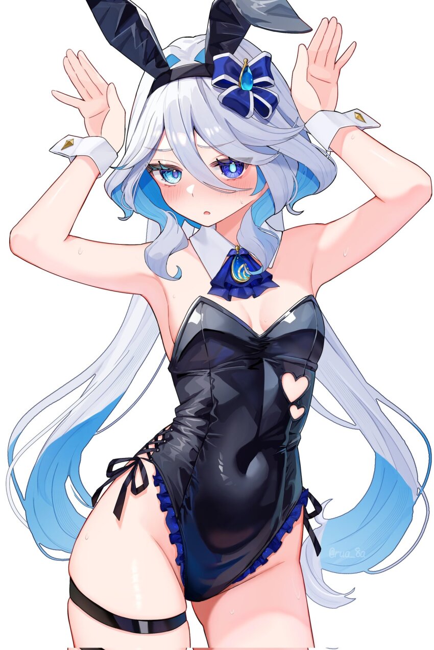 1girl alternate_costume animal_ear_hairband animal_ears arms_up ascot black_leotard blue_ascot blue_brooch blue_eyes blue_hair blush breasts clothing_cutout colored_inner_hair commentary corrupted_twitter_file covered_navel cowboy_shot detached_collar drop-shaped_pupils eyelash_ornament fake_animal_ears furina_(genshin_impact) genshin_impact hairband heart_cutout highres leotard long_hair looking_at_viewer multicolored_hair open_mouth rabbit_ear_hairband rabbit_ears rabbit_pose ruarua0819 side-tie_leotard simple_background small_breasts solo strapless strapless_leotard sweatdrop symbol-shaped_pupils white_background white_hair wrist_cuffs