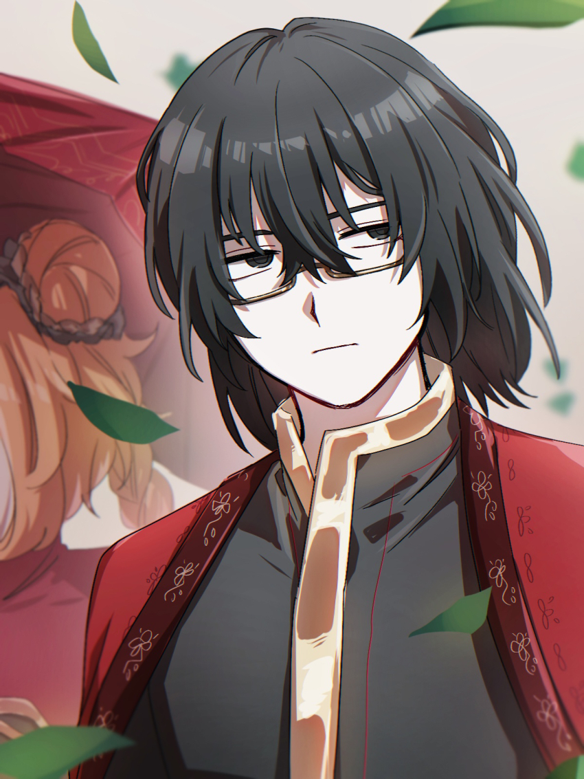 1boy 1girl black_eyes black_hair braid chinese_clothes eipenor family_hierarch_candidate_(identity)_(project_moon) frown glasses hair_between_eyes hair_bun highres ishmael_(project_moon) leaf limbus_company long_hair looking_to_the_side male_focus medium_hair portrait project_moon solo_focus wind yi_sang_(project_moon)