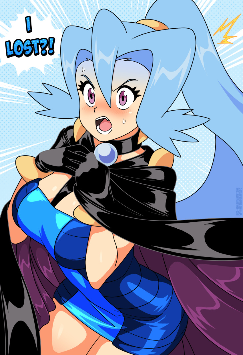 1girl absurdres black_cape blue_background blue_bodysuit blue_gloves blue_hair bodysuit cape clair_(pokemon) cloak defeat dress earrings gloves highres jewelry nico-neko nintendo open_mouth pokemon pokemon_hgss ponytail surprised tooth_earrings unitard