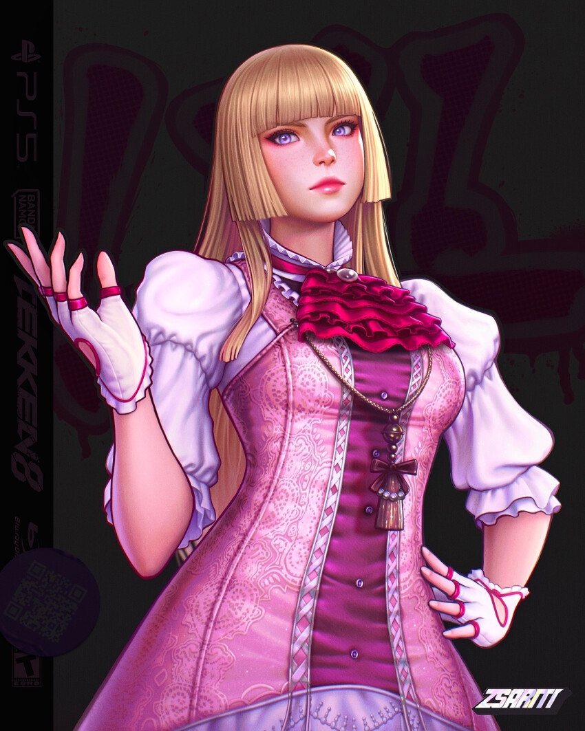 1girl artist_name bandai_namco blonde_hair blu-ray_logo character_name commentary emilie_de_rochefort english_commentary fingerless_gloves frills gloves graffiti highres hime_cut logo long_hair playstation_logo qr_code solo tekken tekken_8 zsariti