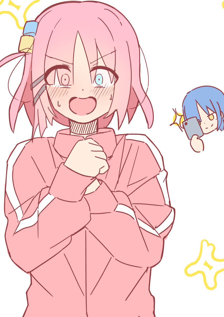 2girls absurdres alternate_hair_length alternate_hairstyle blue_eyes blush bocchi_the_rock! commentary_request gotoh_hitori hair_ornament hair_over_one_eye hairclip hands_up highres jacket long_bangs long_sleeves multiple_girls nuuji_nuge one_eye_closed open_mouth parallel_hairclips parted_bangs pink_hair pink_jacket short_hair simple_background sketch solo_focus sweat taking_picture track_jacket v-shaped_eyebrows white_background yamada_ryo